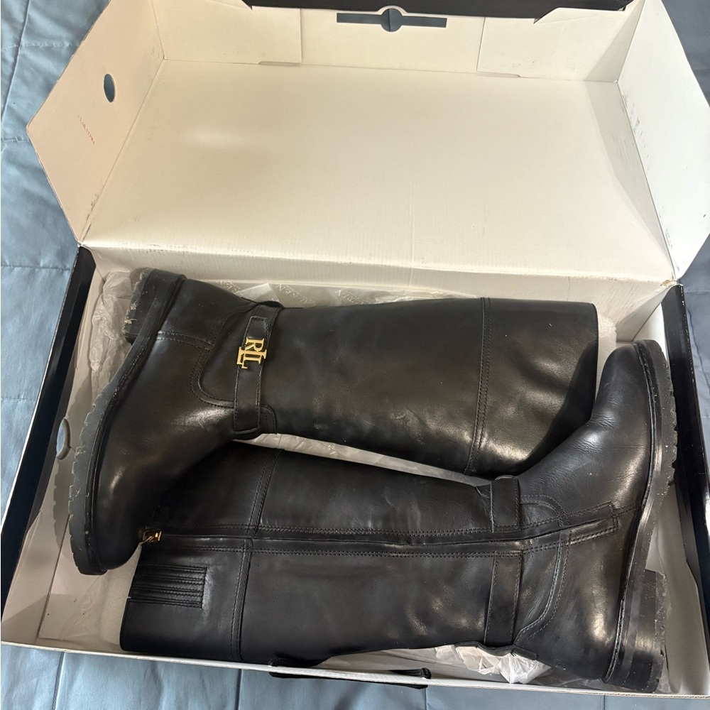 Ralph Lauren Everly Black Leather Riding Boots with Gold Accent